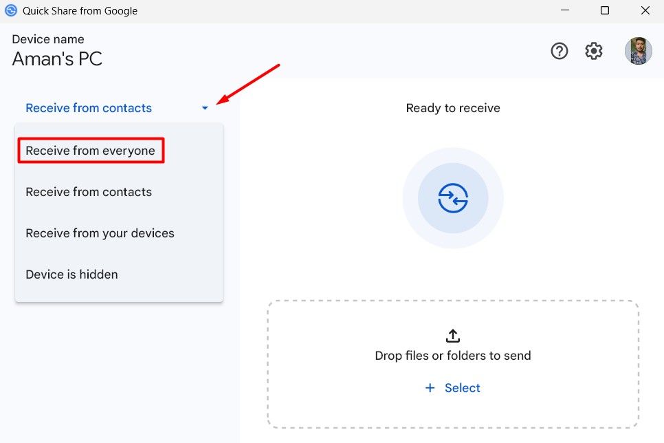 Receive From Everyone option in Quick Share.