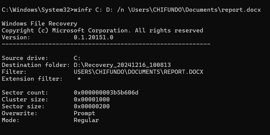 Using Windows File Recovery to recover a file on Windows.