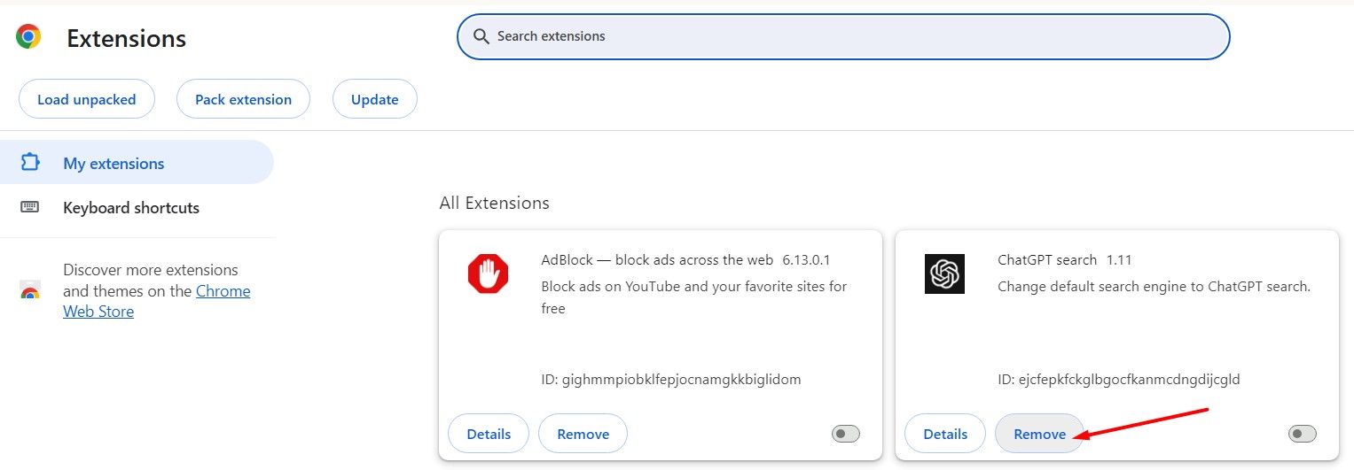 Remove option in the Chrome Extension page.