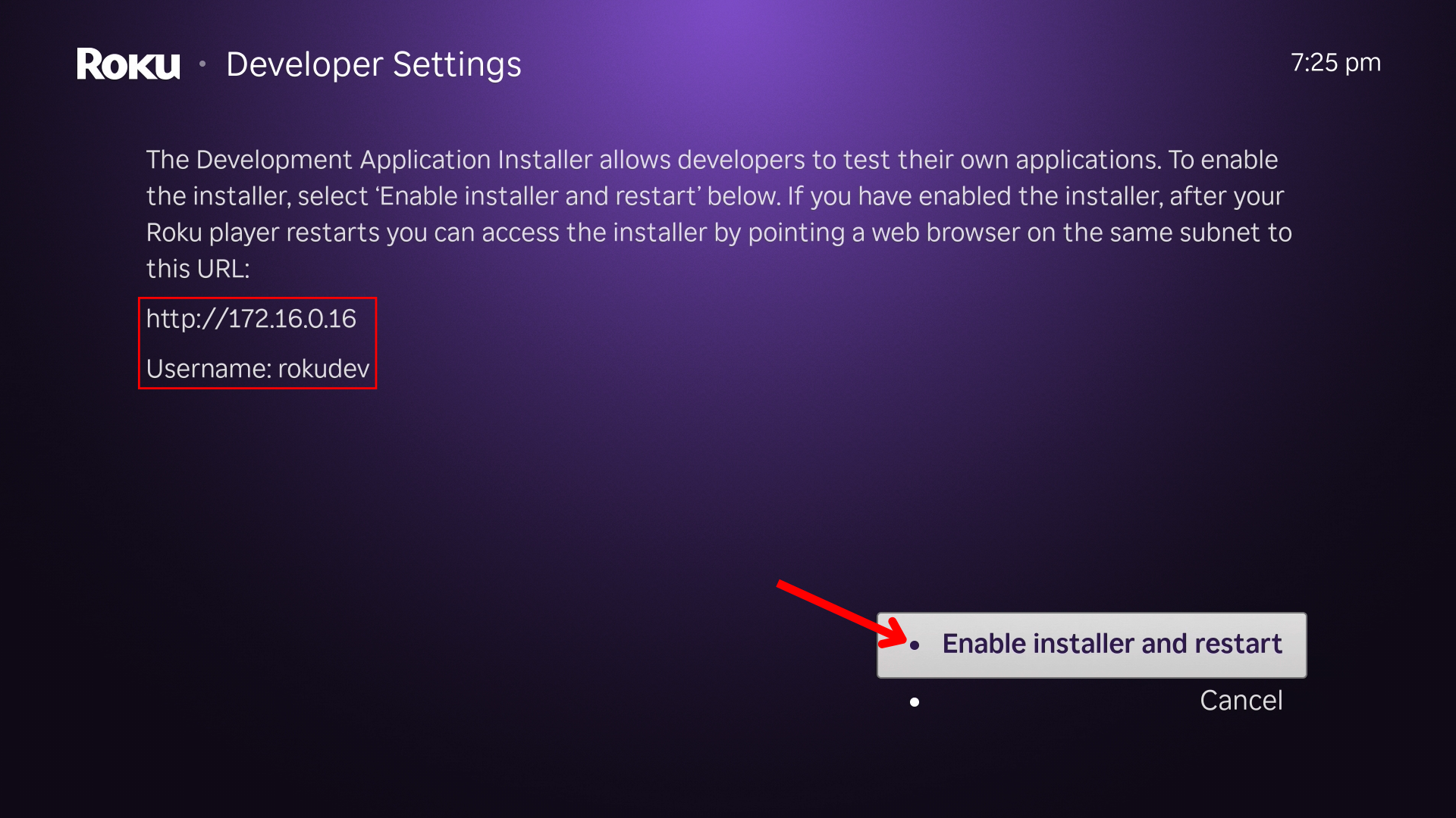 Roku developer settings screen showing the IP and username of the Roku.