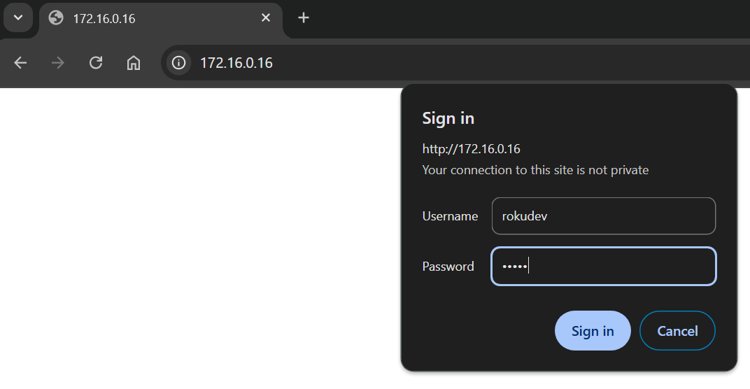 Roku's development webserver login popup.