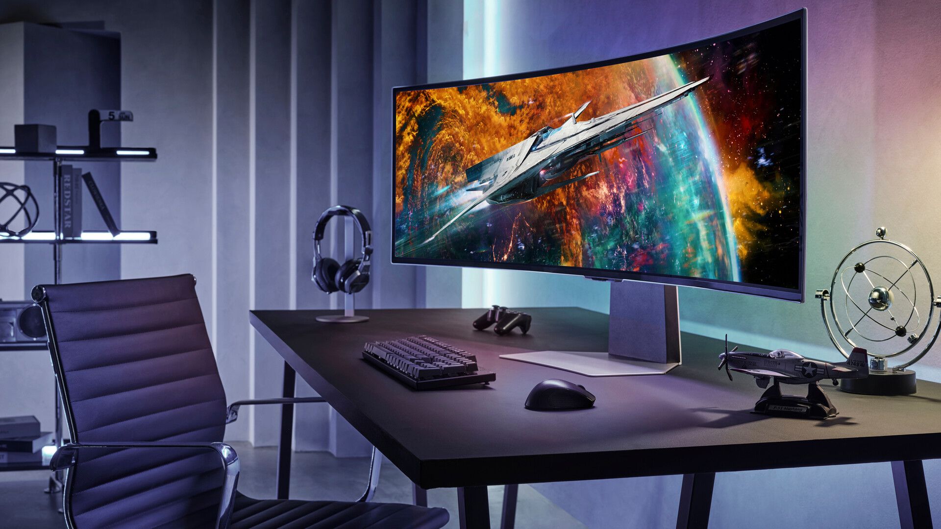 A Samsung Odyssey Neo G9 G95NC Monitor sitting on a desk.