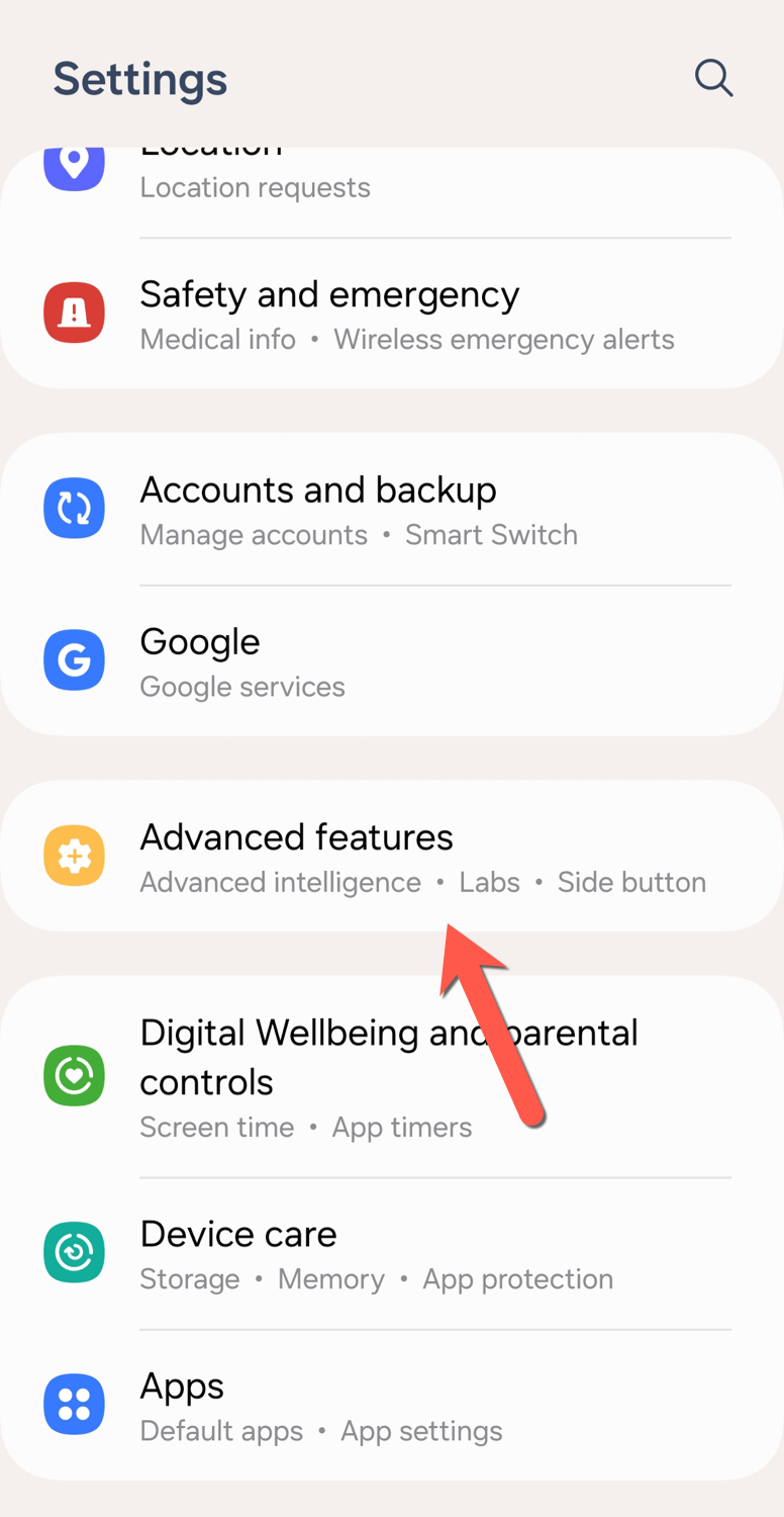 In the Samsung Galaxy Settings menu, tap the Advanced Features option.