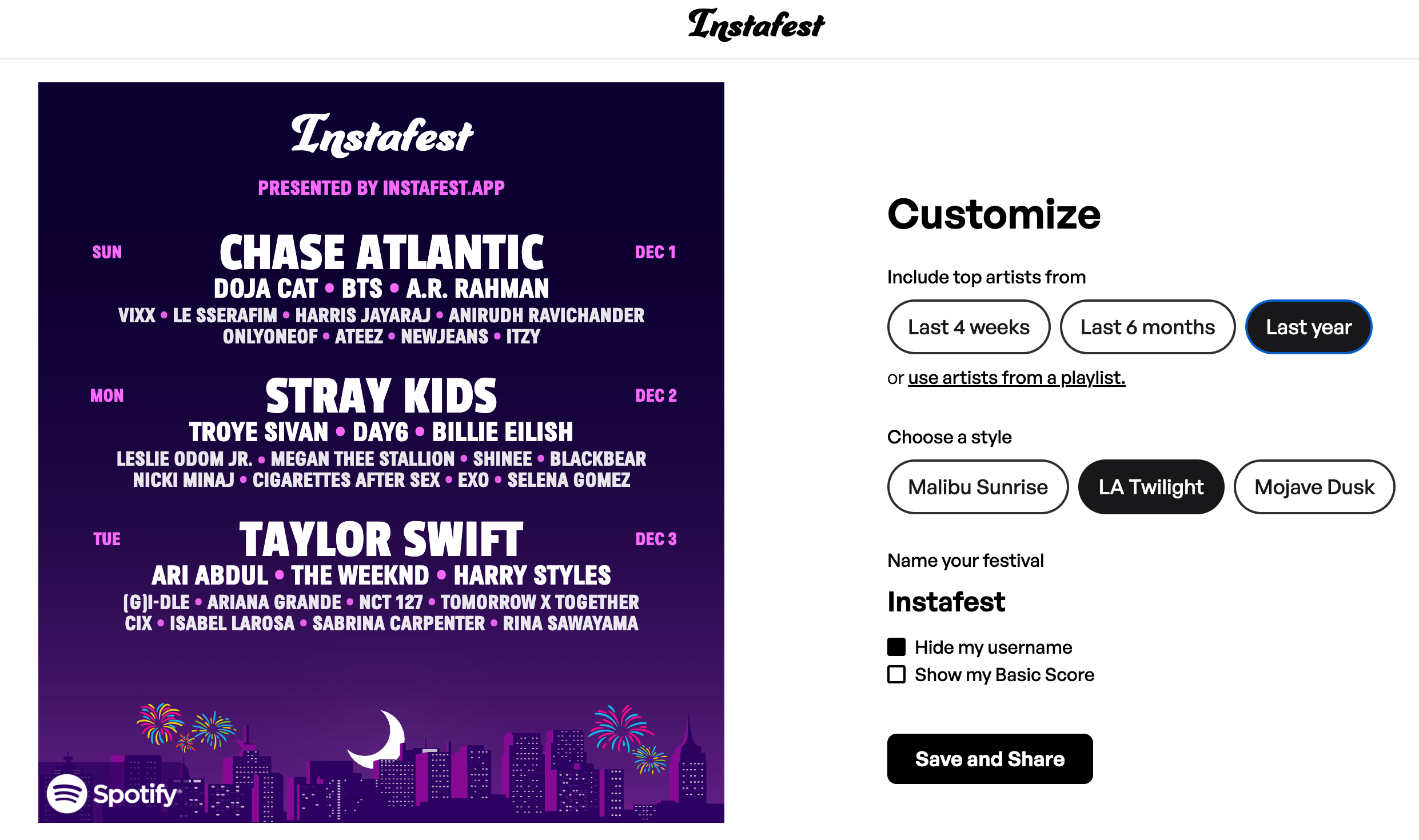 Creating a festival lineup for Spotify through Instafest.