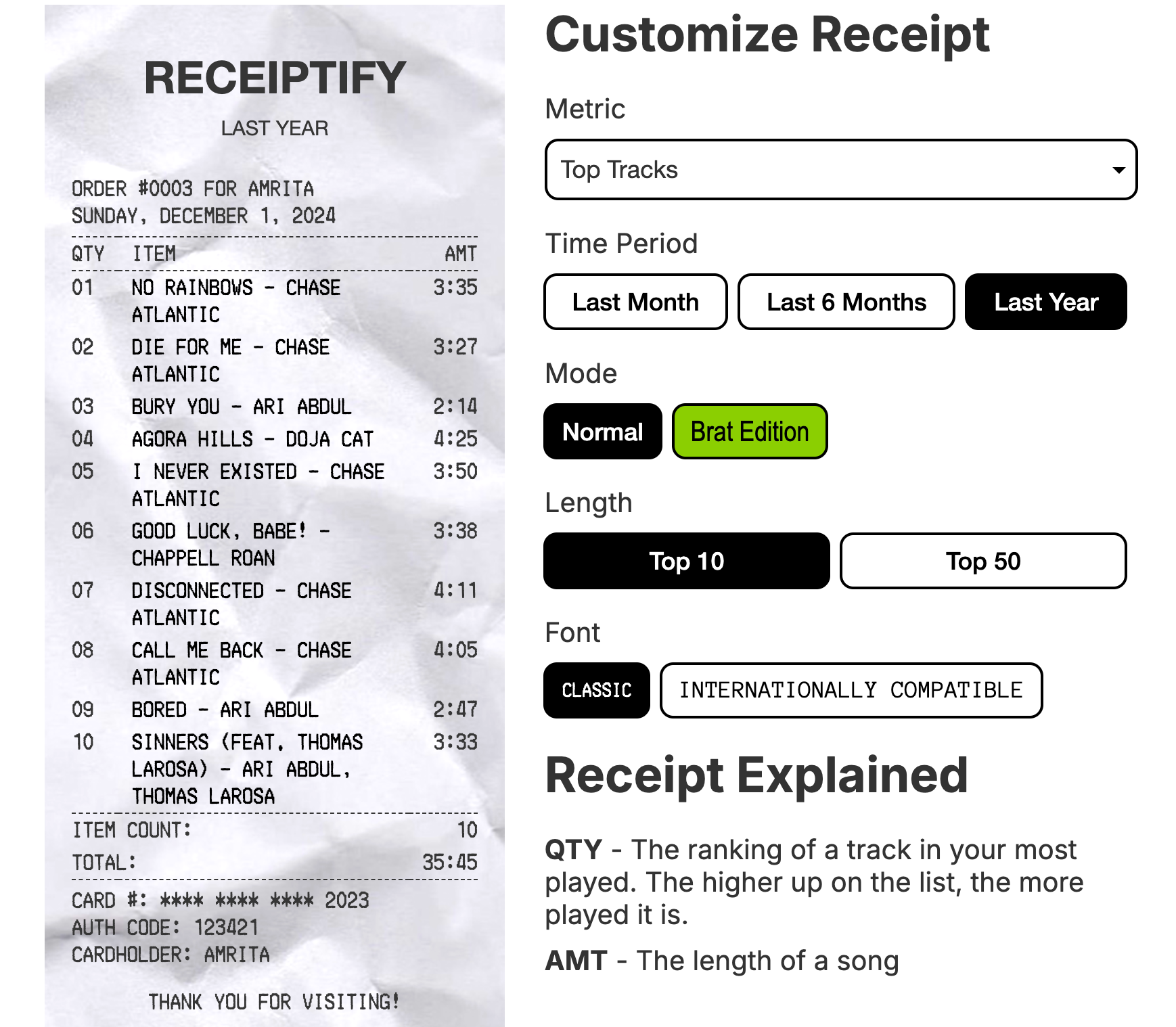 Generating a receipt on Receiptify for Spotify stats.