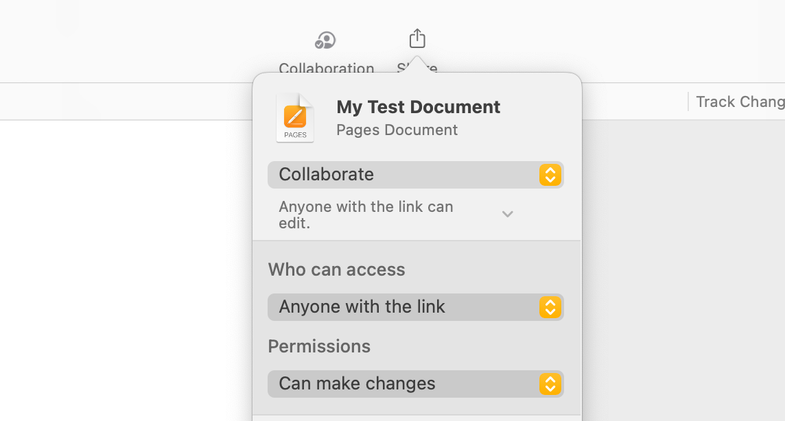 The Share menu in a Pages document for Mac.