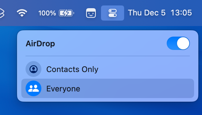 AirDrop settings in macOS Control Center.