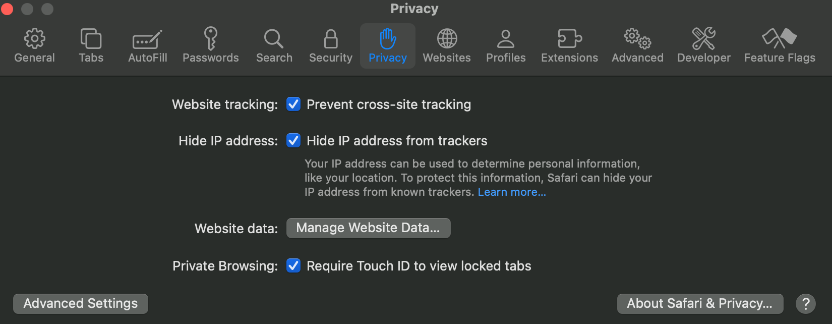 A screenshot of Safari privacy settings.