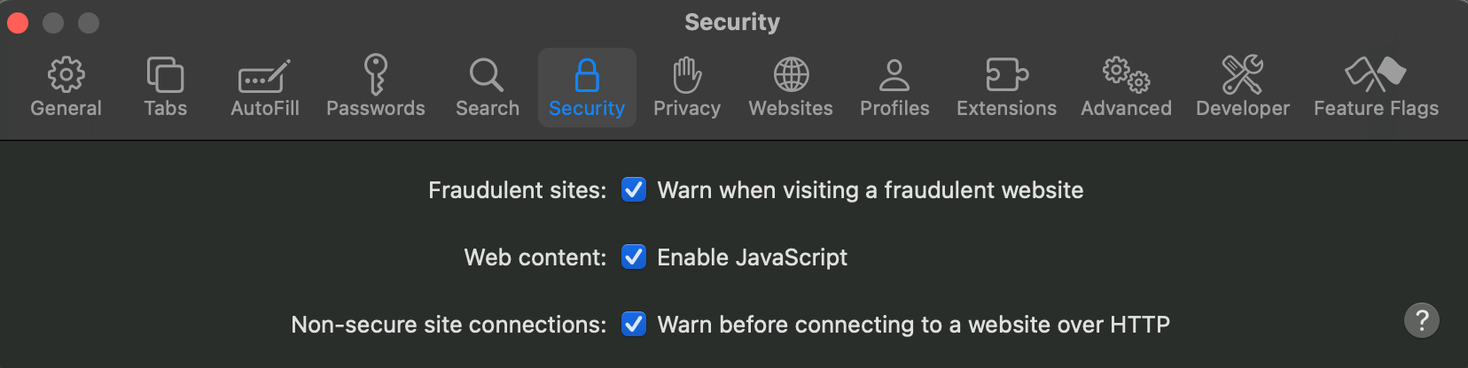 A screenshot of Safari security settings.