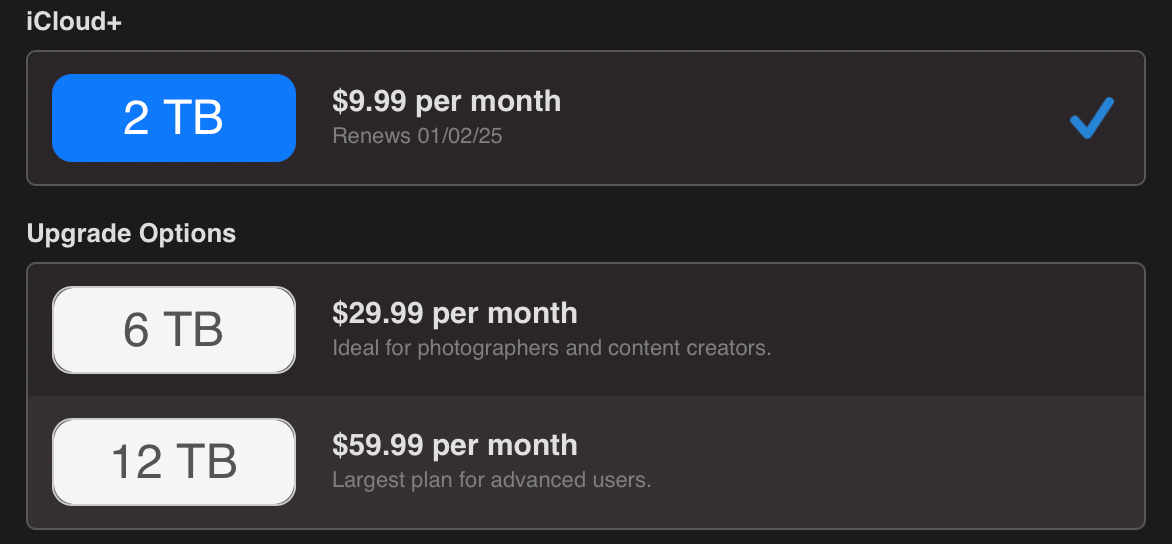 iCloud Drive storage pricing.