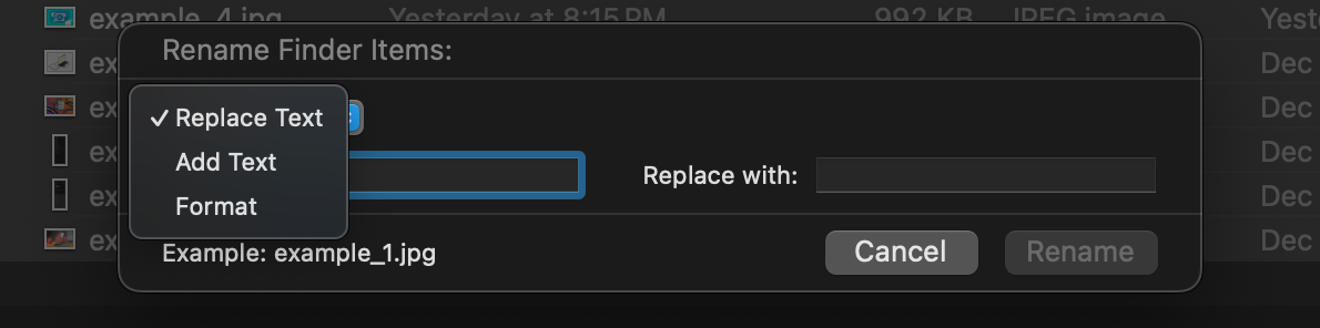 A screenshot of batch rename functions in macOS Finder.
