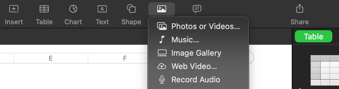 Options to add media in Apple Numbers.