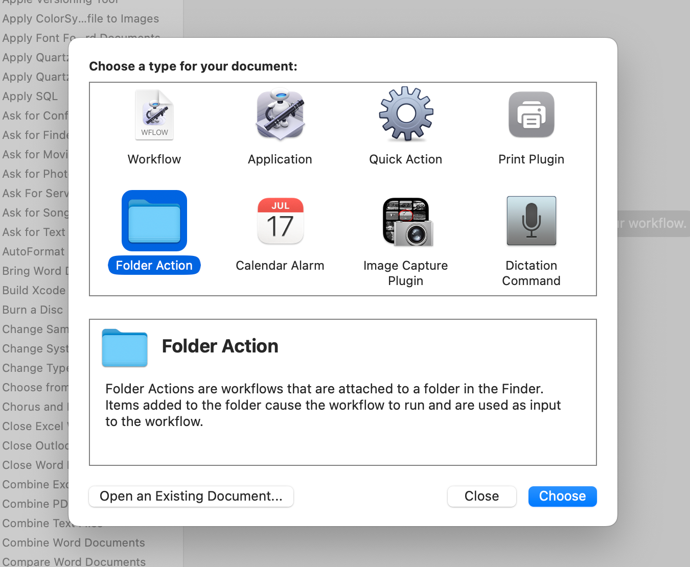 Creating a new Folder Action with Automator.