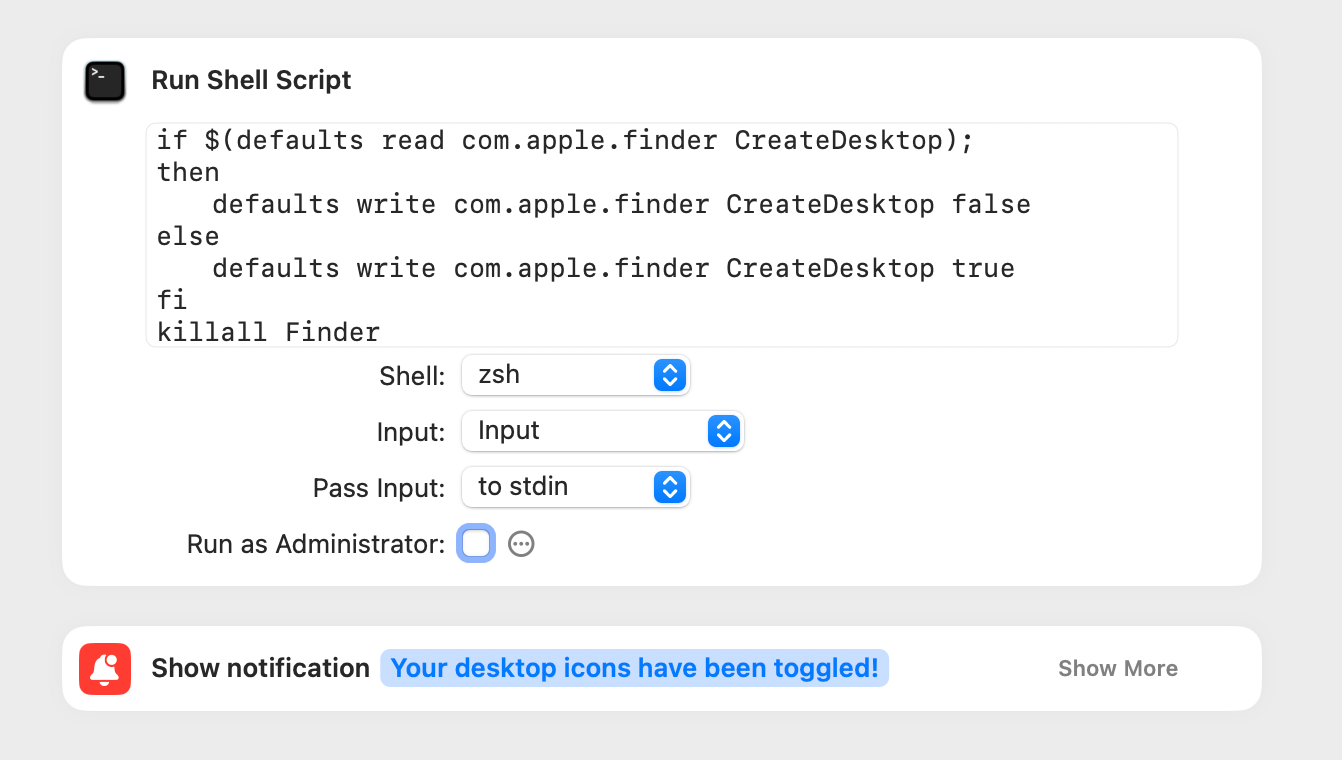 A Shortcuts workflow for toggling the macOS desktop on or off.