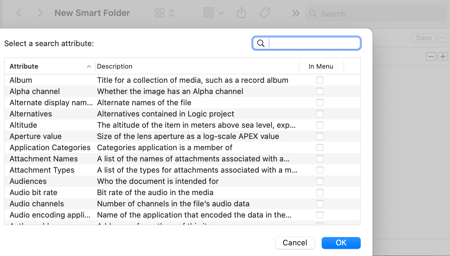 A screenshot of Smart Folder settings in macOS Finder.