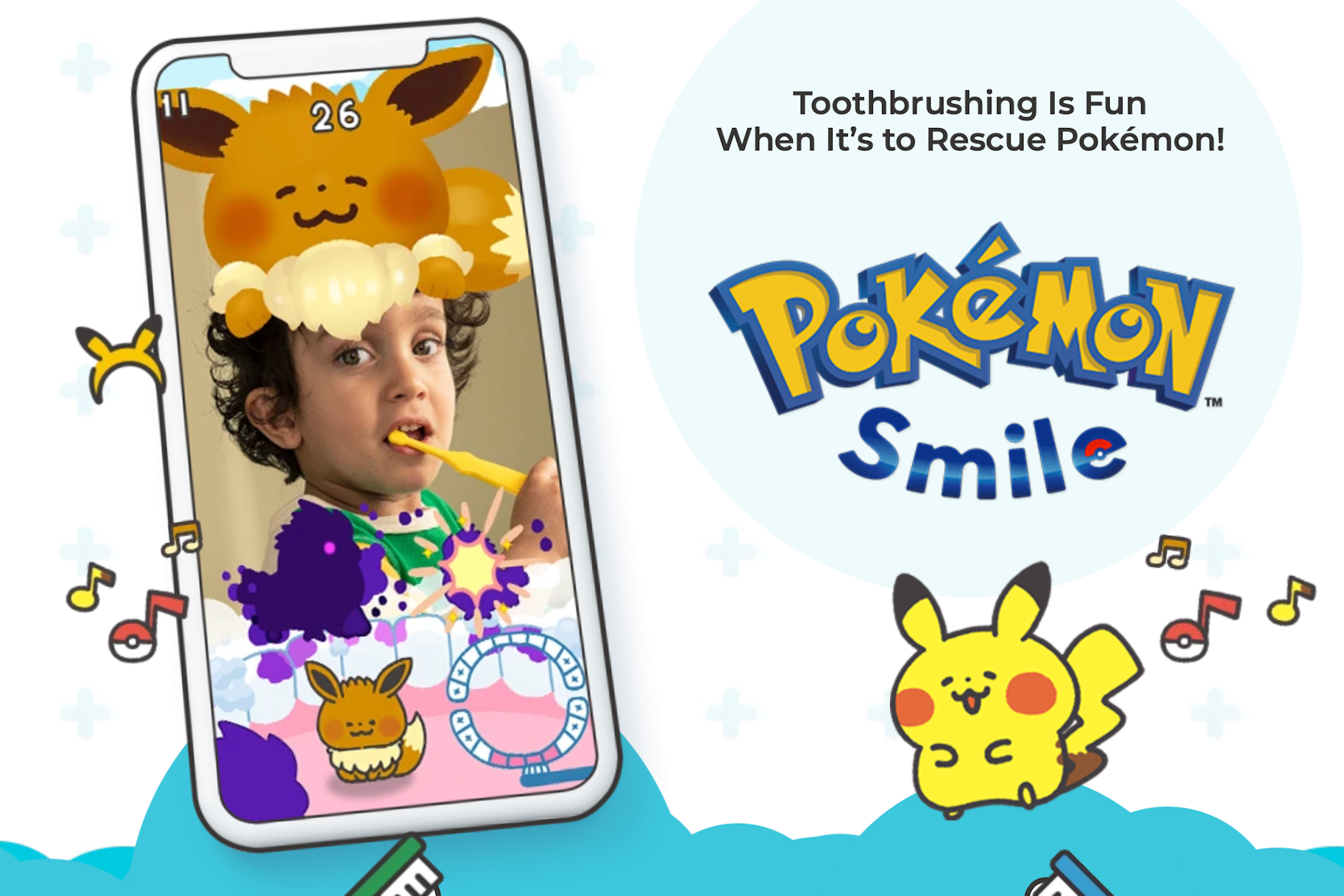 Pokémon Smile toothbrushing app and logo with a drawing of Pikachu.