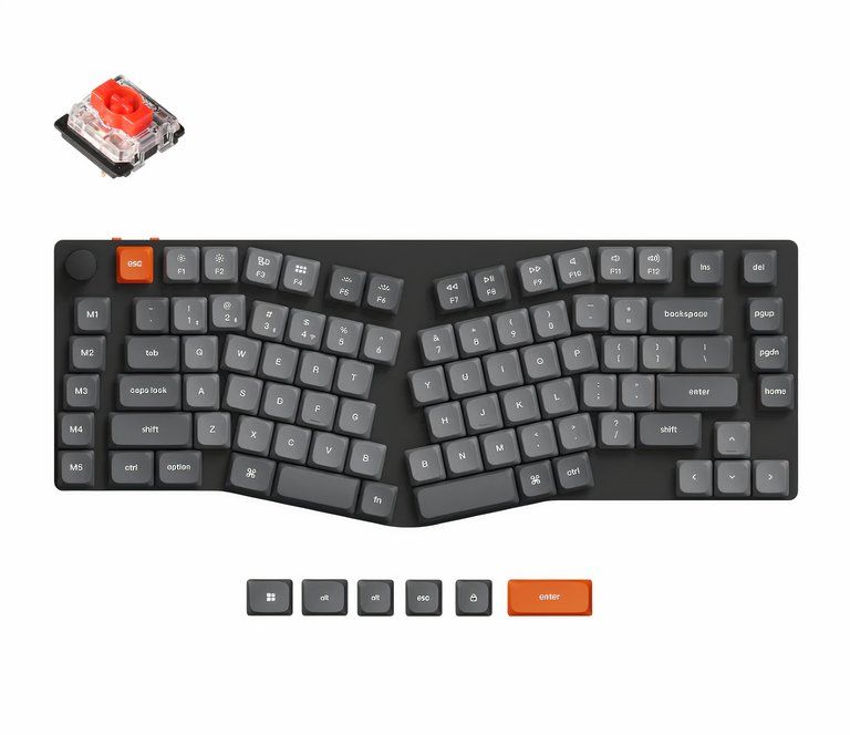 Keychron K15 Max with images of mechanical switch and replacement keycaps for Windows OS