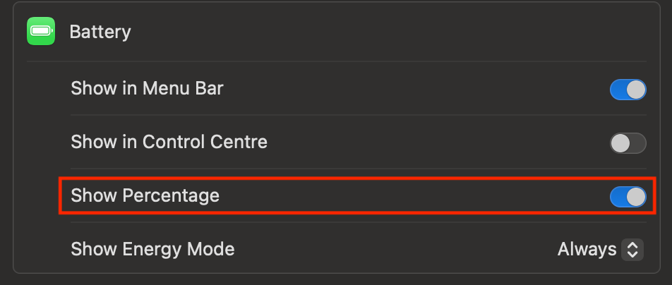 MacOS battery percentage option.