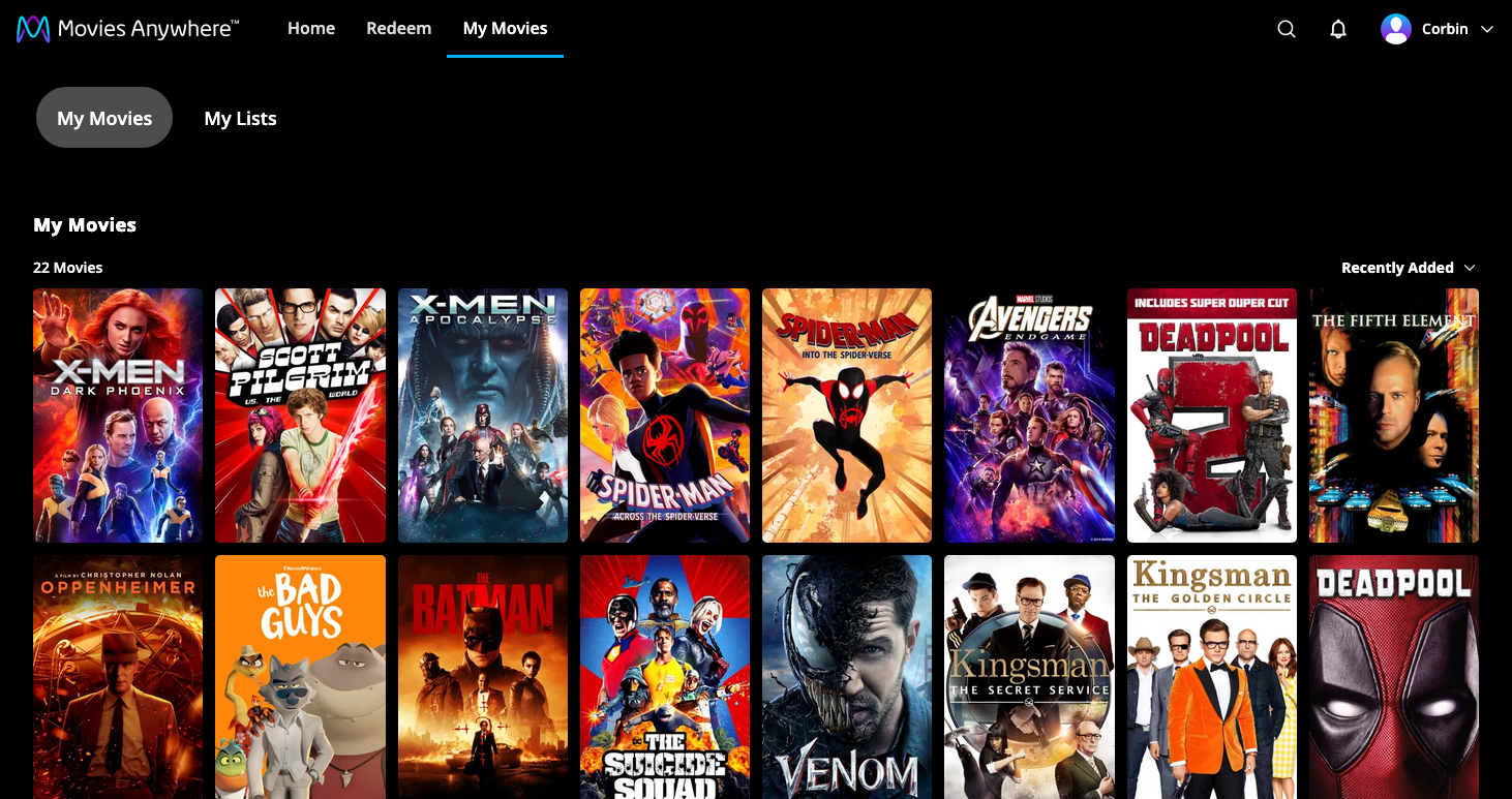 Screenshot of owned movies in Movies Anywhere.