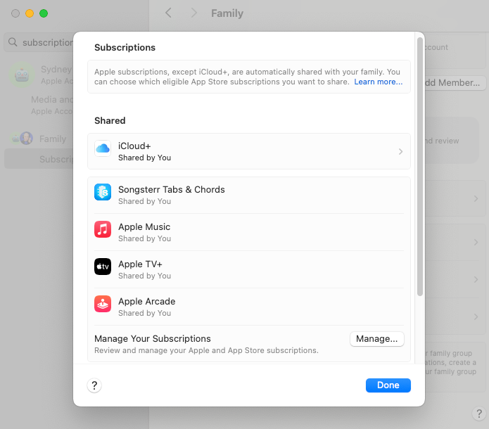 The macOS family subscription management screen.