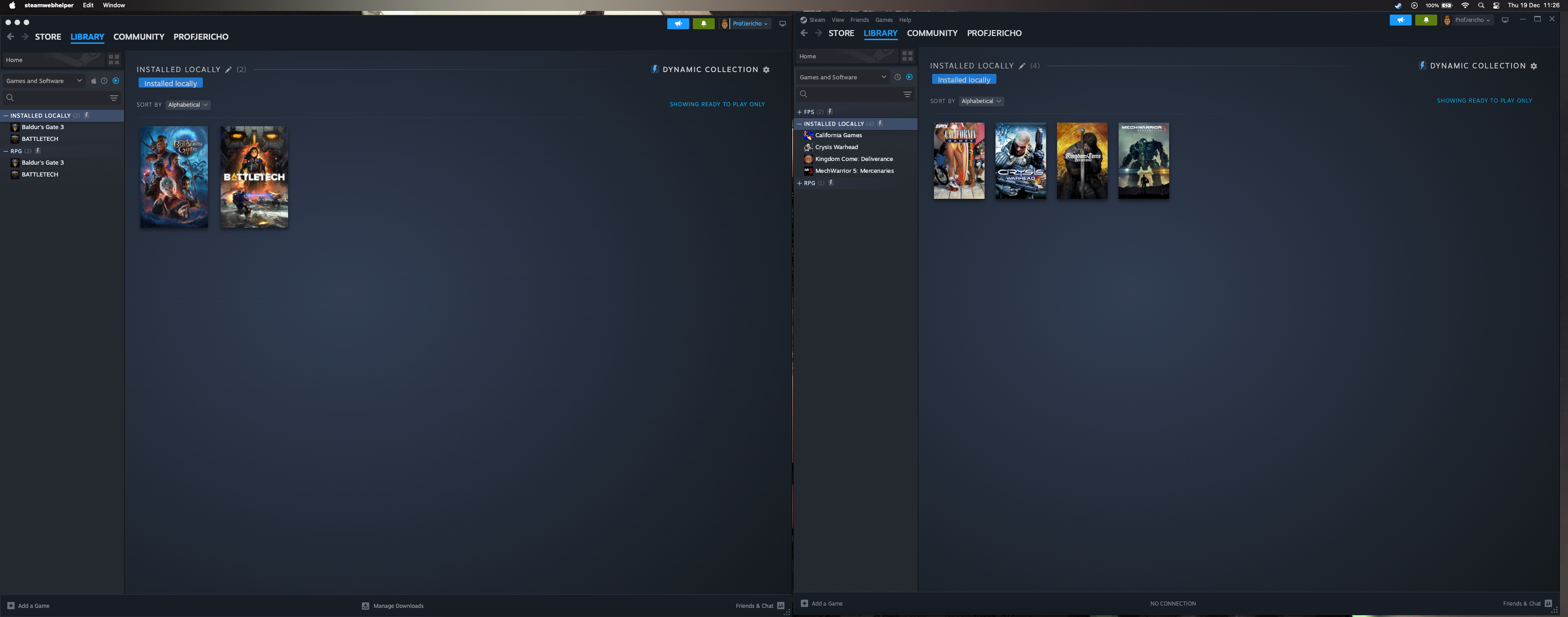 The native and Windows Steam client running side-by-side on macOS.