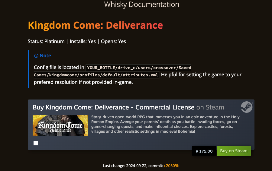 A shot of Whiskey documentation showing Kingdom Come Deliverance with platinum status.