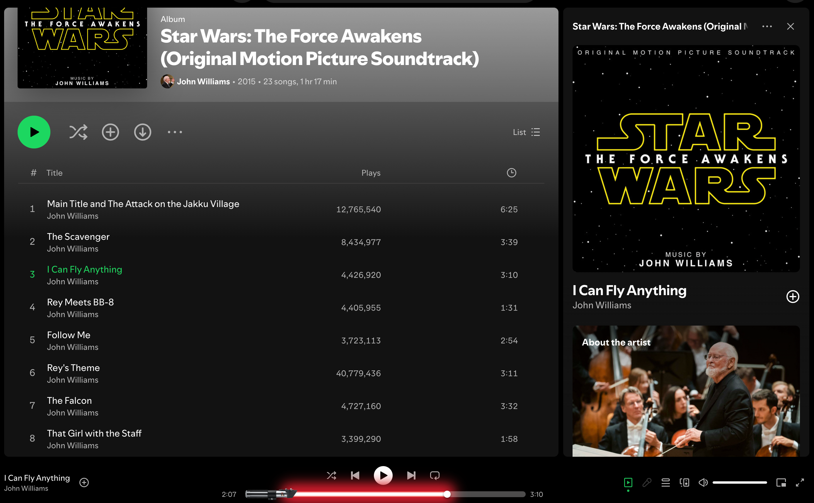 The Star Wars lightsaber effect on Spotify.