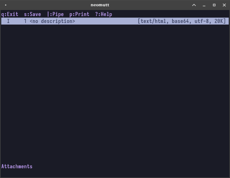 Screenshot of the attachments view in Neomutt.