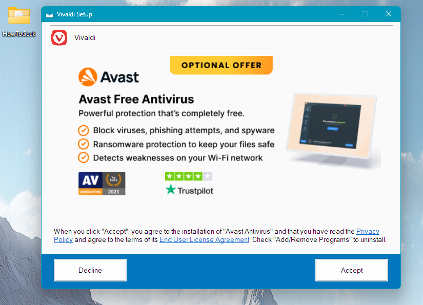 Vivaldi installer on Windows 11 promoting Avast installation.