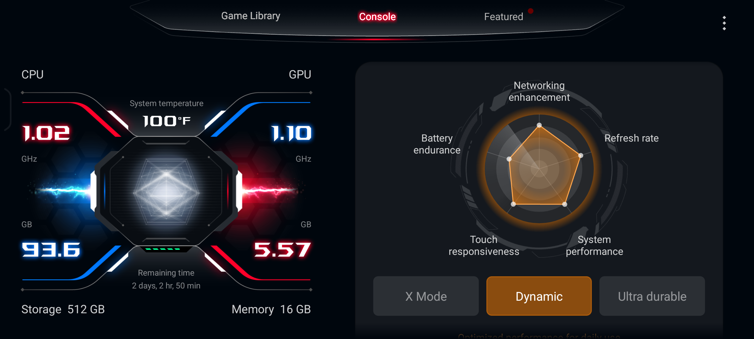 Screenshot of the Armory Crate App, showing storage, memory, etc.