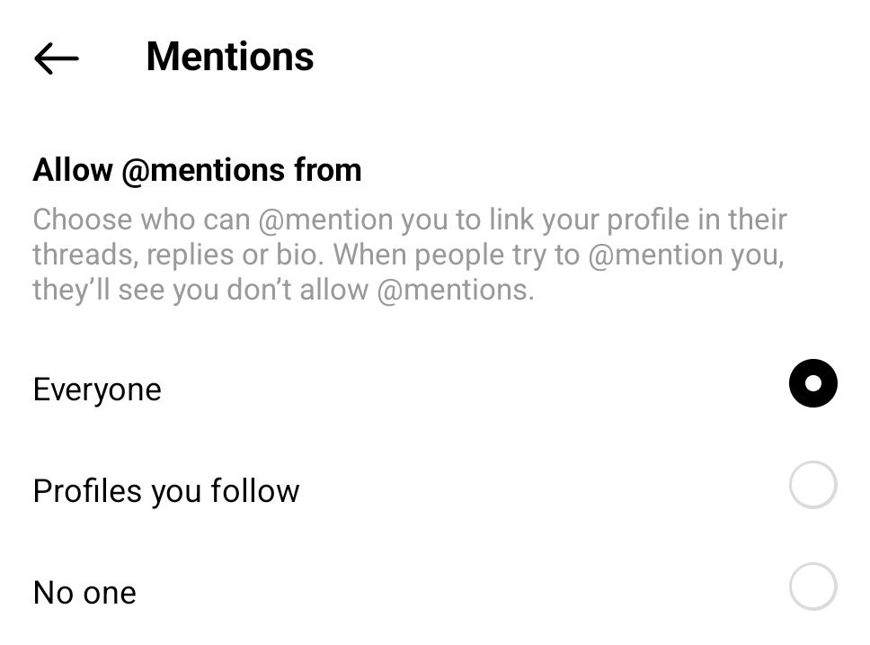 A screenshot of mentions settings in Threads.