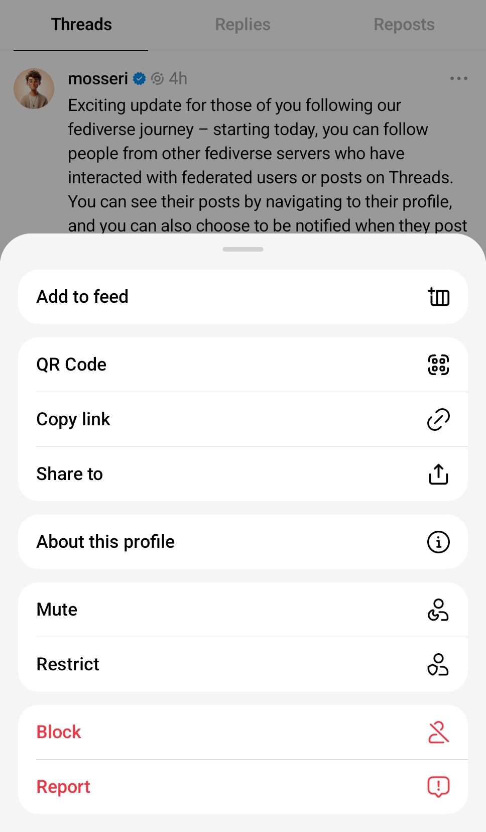 A screenshot of profile block and mute settings in Threads.