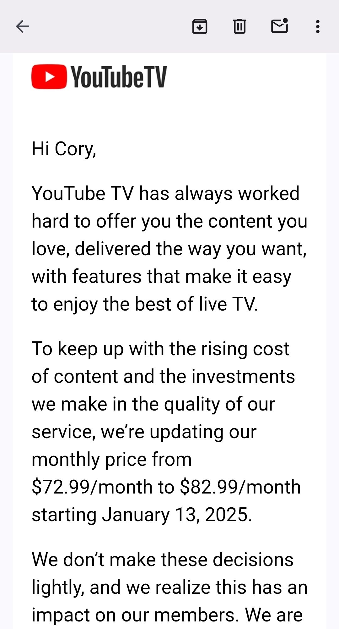 YouTube TV Price Increase Email