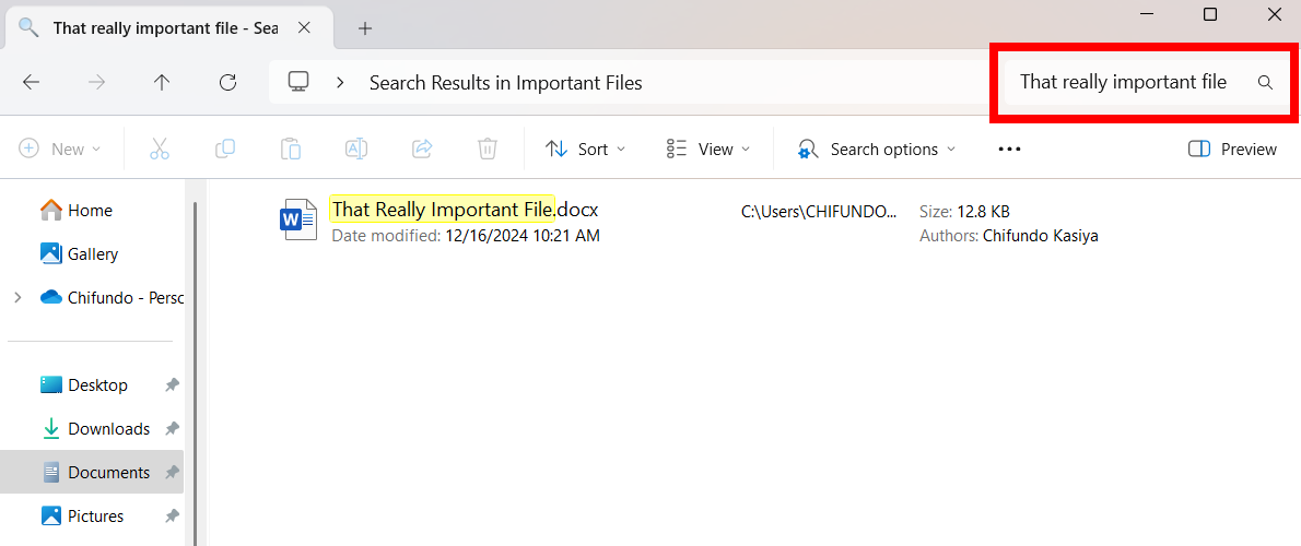 Searching for a file in File Explorer on Windows.