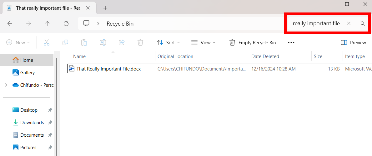 Searching for a file in the Recycle Bin on Windows.