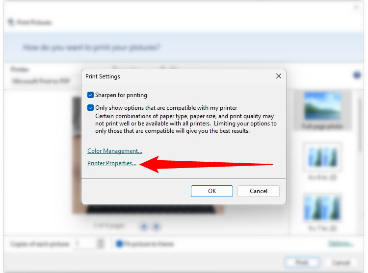 Select 'Printer Properties" to change some of your print settings. 