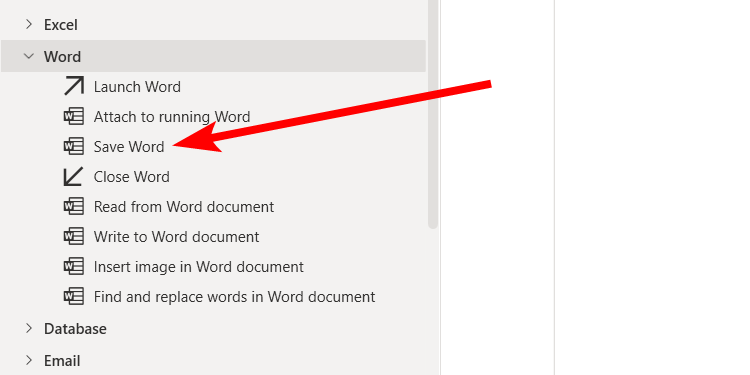 The "Save Word" option in Power Automate on Windows.