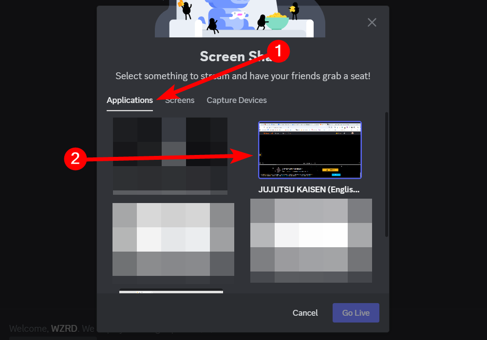 Selecting an application window to stream in Discord.