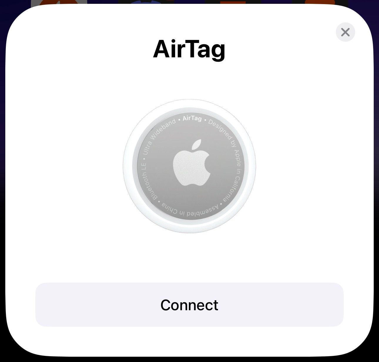 AirTag pop-up card on an iPhone with a Connect button.