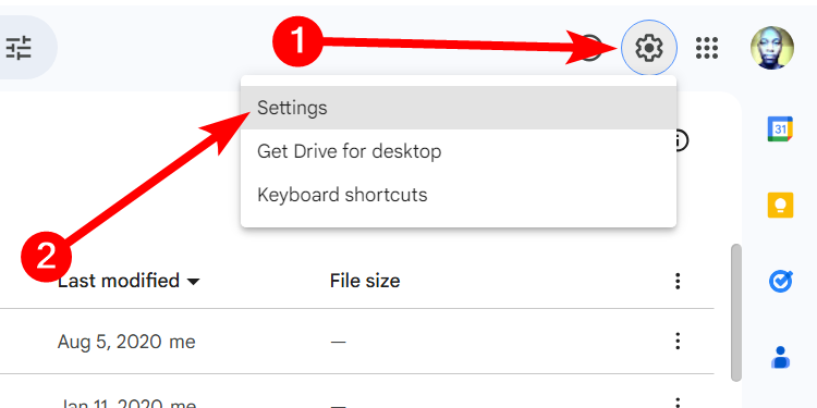 Navigating to settings in Google Drive.