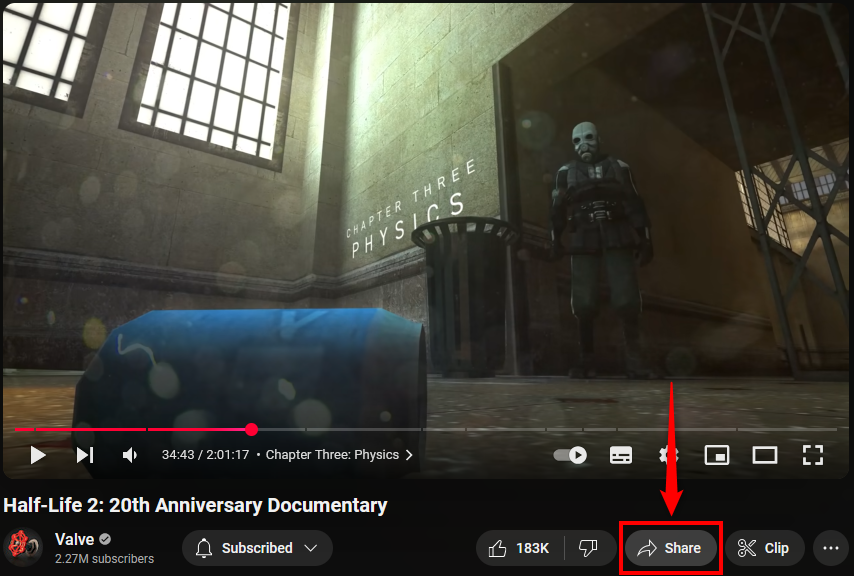 Share button on YouTube on desktop.