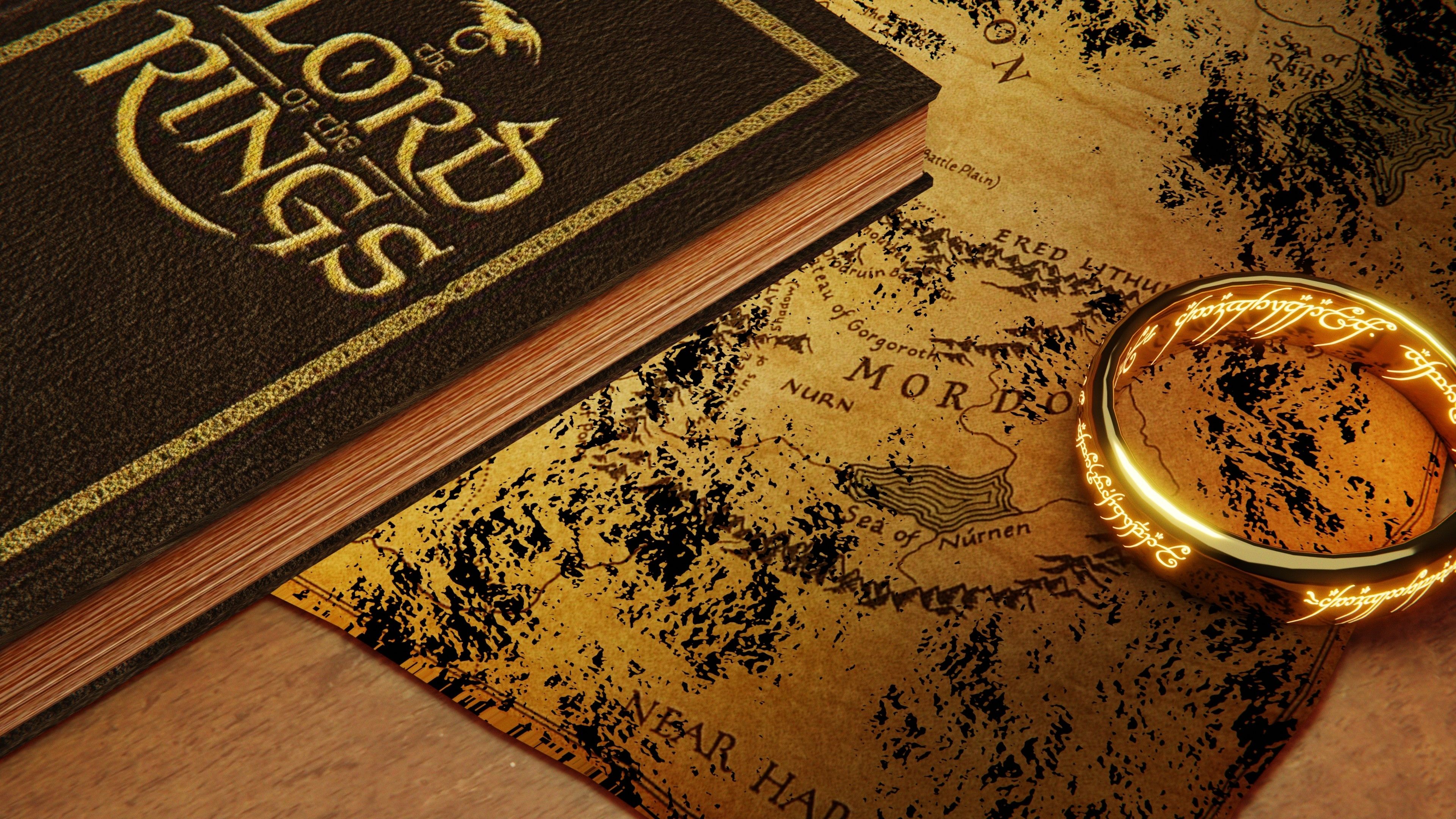 A 3D render Lord of the Rings book and ring with a map.