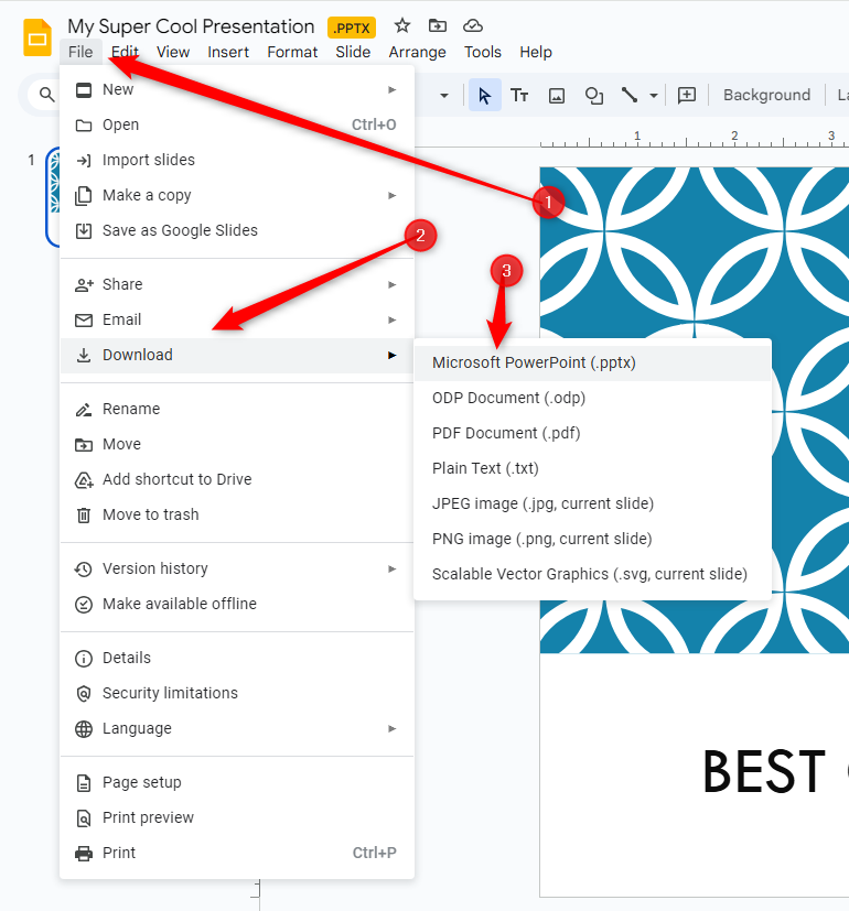 The "File" menu with the "Download" sub-menu opened in Google Slides.