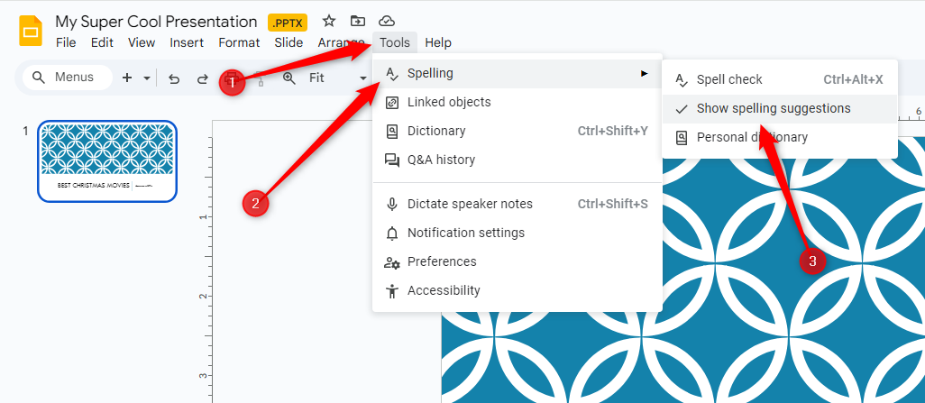 The "Tools" menu with the "Spelling" sub-menu opened in Google Slides.