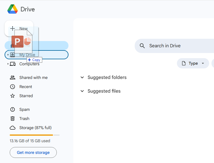 Pasting a PowerPoint presentation into Google Drive.