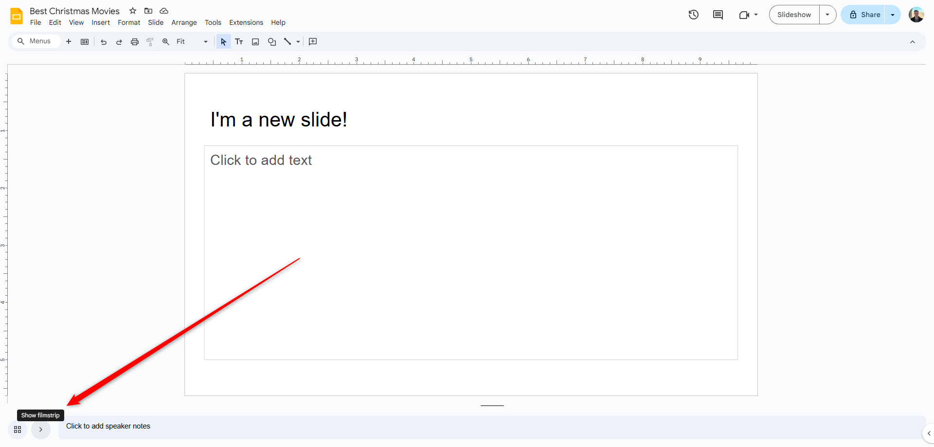 A presentation in Google Slides with the sidebar collapsed.