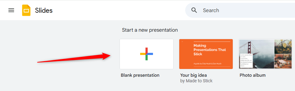 The blank presentation button in Google Slides.