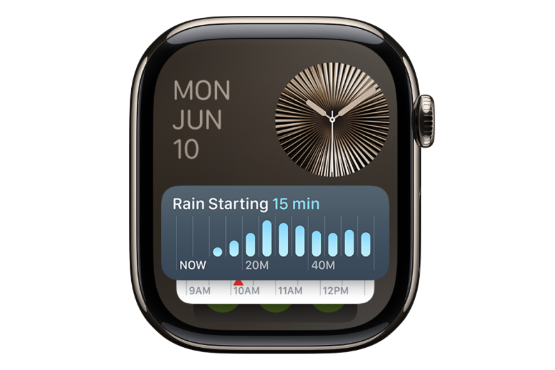 Picture of the Smart Stack on the Apple Watch, showcasing the clock at the top and the weather widget at the bottom.