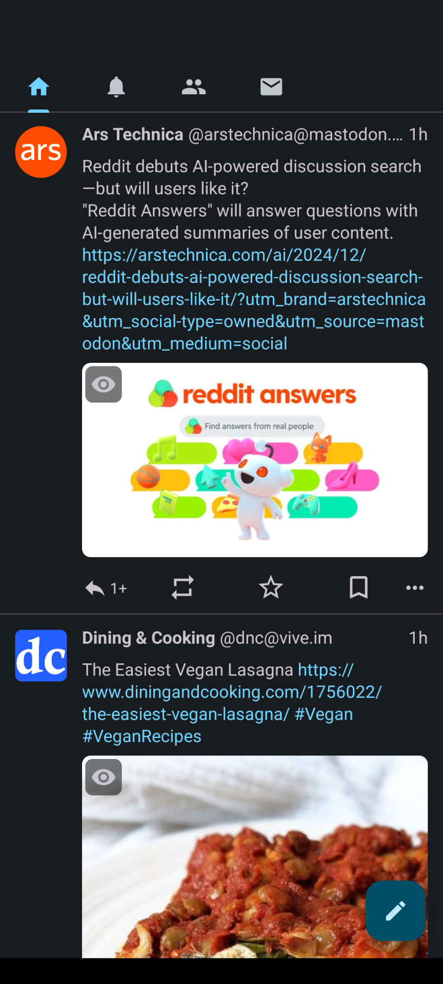 Социальная лента на аккаунте Mastodon в мобильном приложении Pachli.