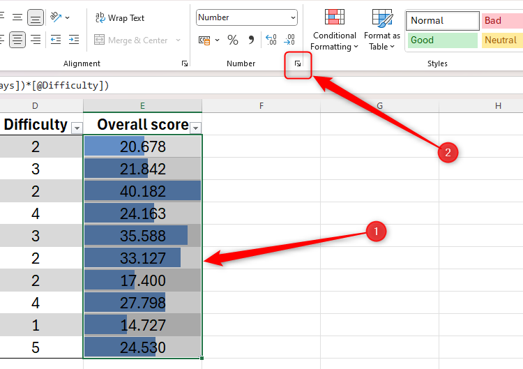 Some data in an Excel sheet is highlighted, and the Number Format dialog box launcher icon is selected.